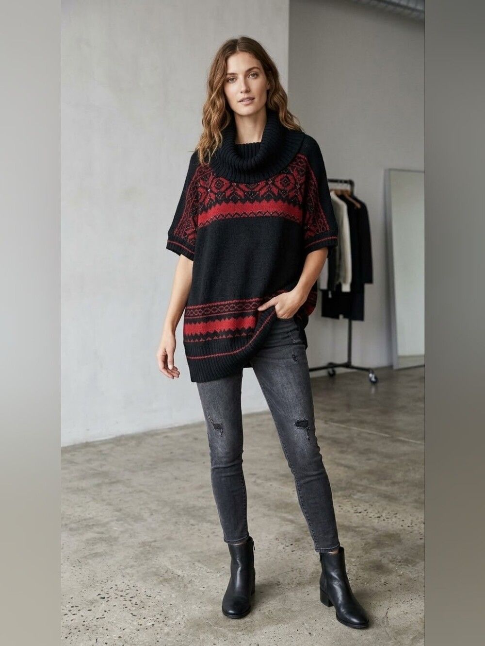 N.W.D. New Woman Design Fair Isle Cowl Neck Short Sleeve Sweater Tunic | XL